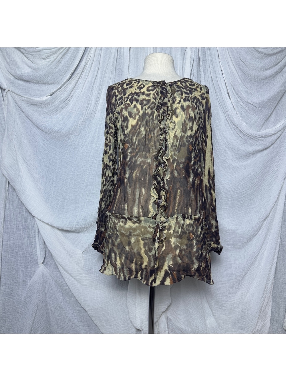 CAbi Brown Animal Print Sheer Silk Blouse